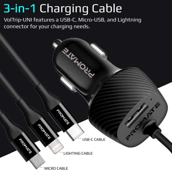 Promate VOLTRIP-UNI Ultra-Compact 3.4A Quick Charger Adapter with Built-In 3-in-1 Splitter USB-C - (Pack of1) - VolTrip-UNI - Image 3