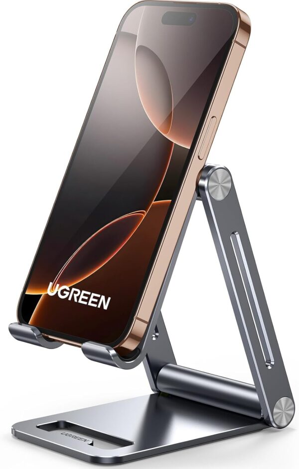 UGREEN Phone Stand Aluminum Mobile Stand Adjustable Mobile Holder Foldable Phone holder, Desktop iPhone Stand Compatible with All Mobile Phone, iPhone 16 Pro Max/16 Pro/16, Galaxy S23 S24 Ultra (Grey) - Image 2