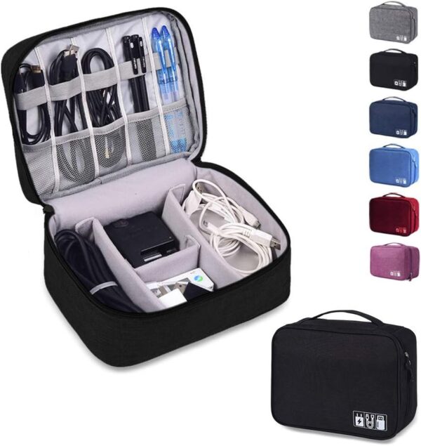 Rubik Travel Universal Cable Organizer Waterproof Carrying Bag, Gadgets Electronics Accessories Storage Case for Charger, USB Cables, Earphone, Ipad Mini, Phone, SD Card, Power Bank - Black - Image 2