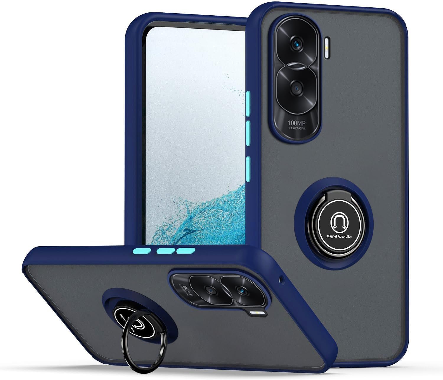 Zubitech Case For Honor 90 Lite Rotational Metal Ring Grip Kickstand Cover Magnetic Car Mount Holder Case Shockproof Anti Fingerprint Case for Honor 90 Lite (Blue) - Image 2