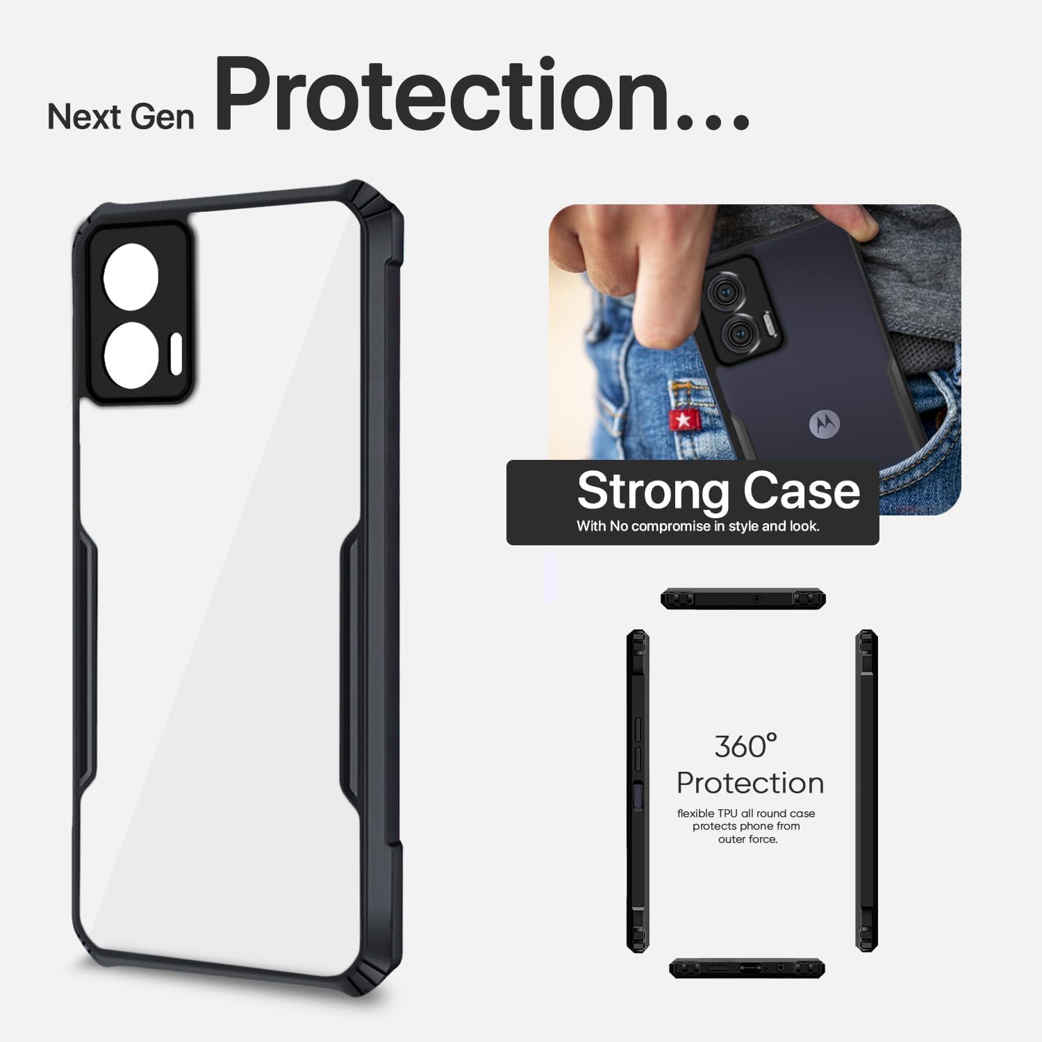 Zubitech Motorola G85 Shockproof Crystal Clear Back Cover Case for Moto G85 | 360 Degree Protection | Protective Design | Transparent Back PC & TPU | Black Bumper for Moto G85 - Image 3