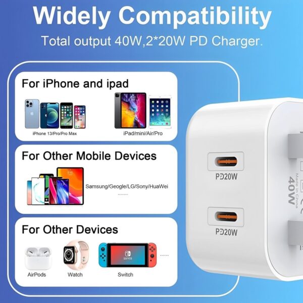 First Pro Dual Type C Charger 40W - Fast Charging phone Adapter for android, iphone16 Pro max/iPhone 15 Pro Max, iPad Pro, Apple Devices, Samsung s23 ultra - 2 USB-C PD, Type C & Type-C Cable Included - Image 5