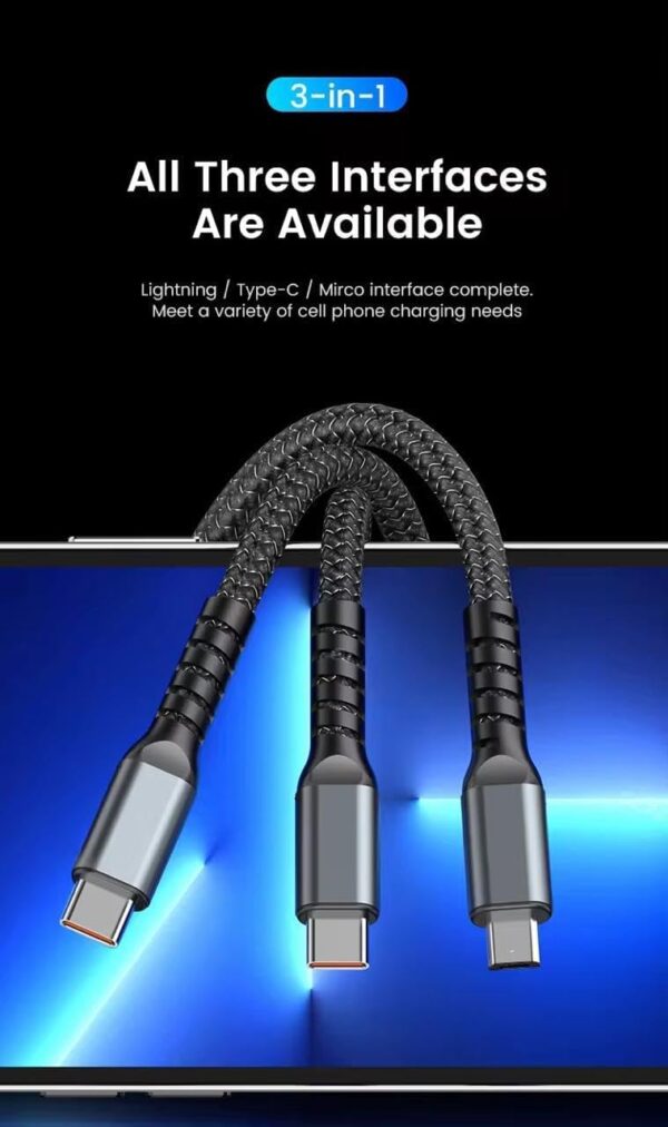 ELONSEY Fast USB Cable Charger, 3-in-1 Multi Charging 100W, Type-C/Micro USB/Lightnning, Compatible with All Devices, Strong and Durable, Black, 1.2 Meters - Image 5