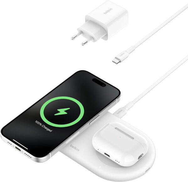 Belkin BoostCharge Pro 2-in-1 Wireless Charging Pad with Magnetic Qi2 15W, Fast Charging iPhone Wireless Charger Compatible with iPhone 15 Series, AirPods, MagSafe Enabled Devices - White - Image 2