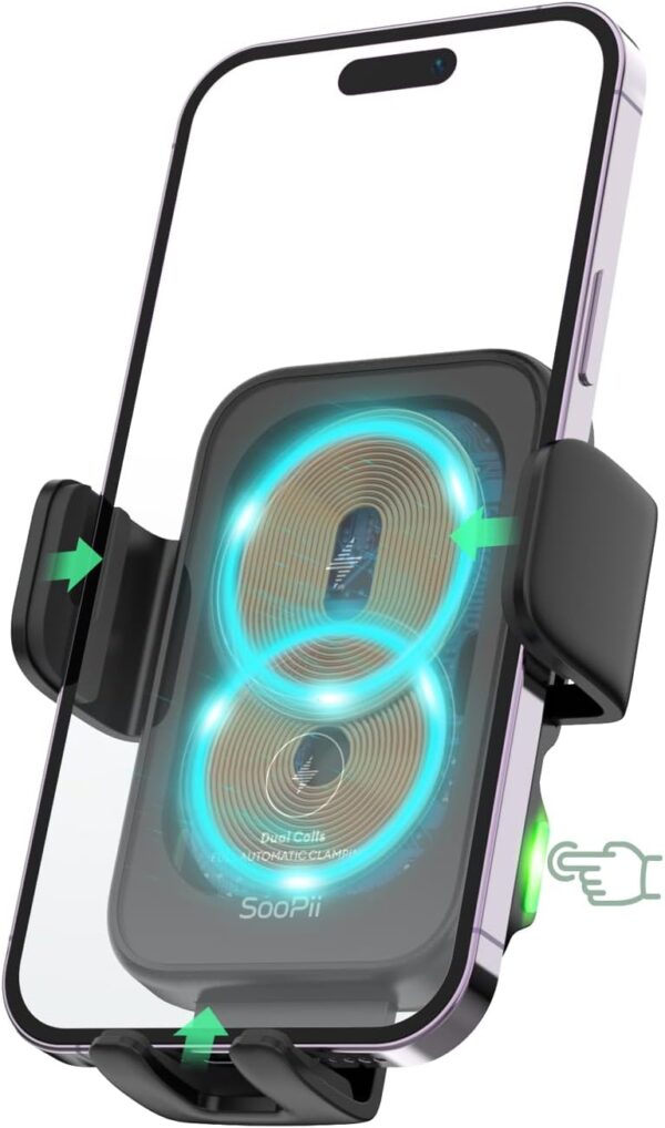 SooPii Dual Coils Wireless Car Charger,15W Fast Smart Alignment Wireless Charging Car Mount, Full Auto-Clamping Car Phone Holder Charger for lPhone 15/14/13 Pro,Galaxy Z Fold4/3/Flip4/3/S24/S23 - Image 2