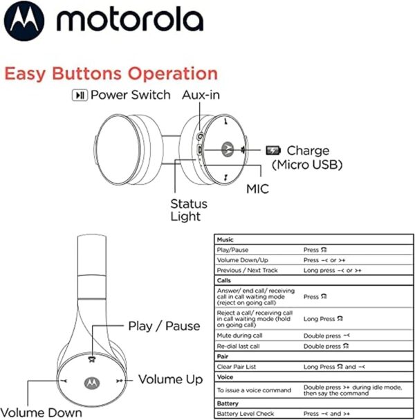 Motorola Bluetooth Wireless Headphones With Microphone, Moto Xt500+ Over-Ear Headphones In-Line Control For Calls - Foldable Head Phones, Adjustable Headband, Clear Sound - Black - Image 6