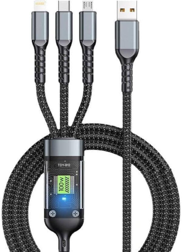 ELONSEY Fast USB Cable Charger, 3-in-1 Multi Charging 100W, Type-C/Micro USB/Lightnning, Compatible with All Devices, Strong and Durable, Black, 1.2 Meters - Image 2