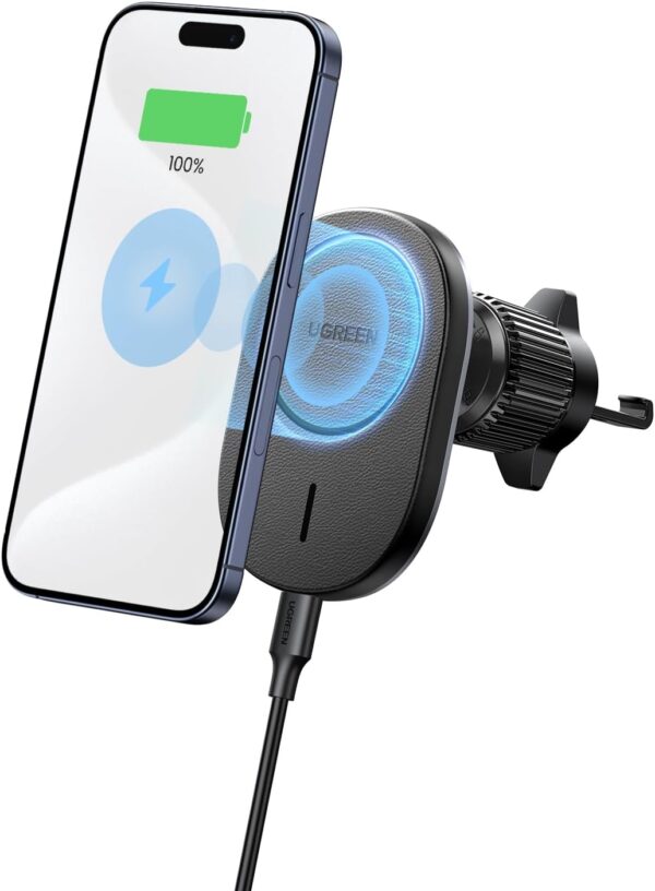 UGREEN iPhone Magsafe Charger Car Wireless Charging Holder Air Vent Car Cradle Stable Hook, Magnetic Wireless Car Charger, Car Holder Magsafe Charger for iPhone 16/15/14/13/Series, Black Leather Panel - Image 2