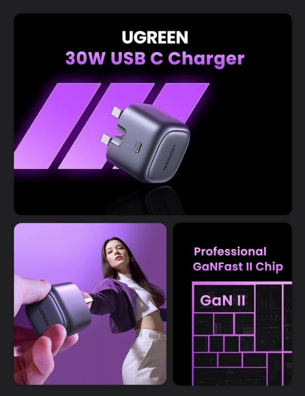 UGREEN 30W iPhone 16 Pro Charger Cable [Nexode GaN] USB C Power Adapter Foldable iPhone Charger Type C Plug with 60W USB Cable for iPhone 16 Pro Max/15 Pro/15Plus, iPad, Samsung, Xiaomi, Oneplus, etc - Image 3