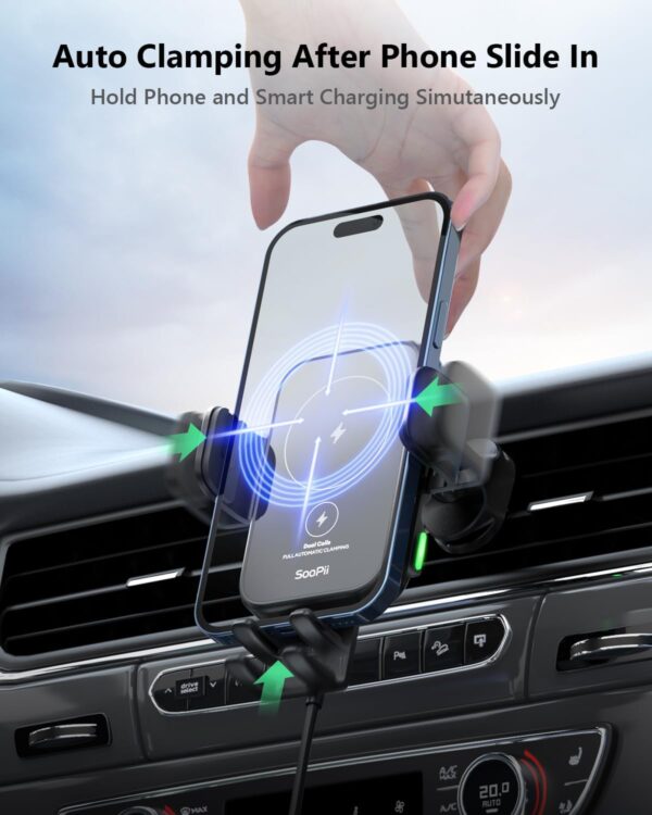 SooPii Dual Coils Wireless Car Charger,15W Fast Smart Alignment Wireless Charging Car Mount, Full Auto-Clamping Car Phone Holder Charger for lPhone 15/14/13 Pro,Galaxy Z Fold4/3/Flip4/3/S24/S23 - Image 4