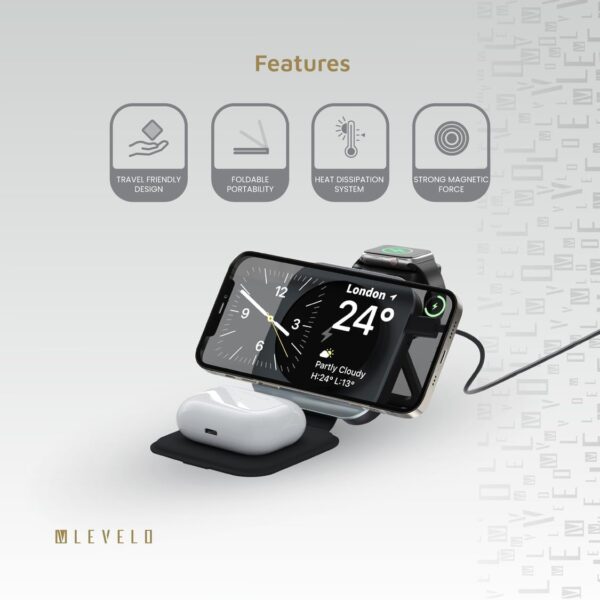 Levelo TrioFlow 3 In 1 Wireless Charger 15W, Fast Charging, Light & Compact, Travel-Friendly Design, Heat Dissipation System, Strong magnet, Foldable Portability, Leather & Aluminium Material - Grey - Image 5
