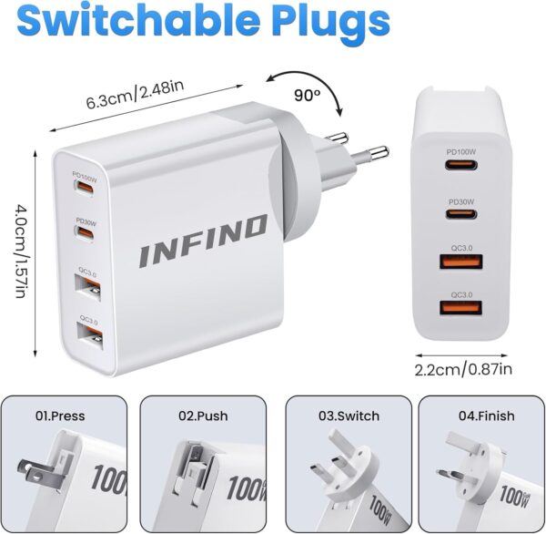 infino® 100W GaN PD Charger - 2 USB-C (100W) & 2 USB-A (18W) - 3 Interchangeable Heads for US, UK, EU, AU - Image 4