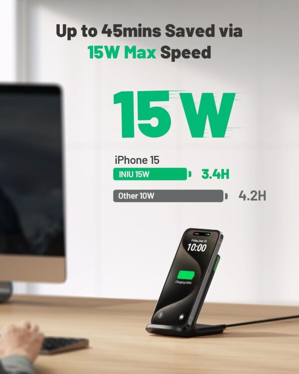 INIU Wireless Charger, 15W Qi Certified Fast Wireless Charging Stand with Sleep-Friendly Adaptive Light for iPhone 16 15 14 13 12 11 Pro Max XS Plus Samsung Galaxy S23 S22 Ultra S21 S20 Note 20 Google - Image 3