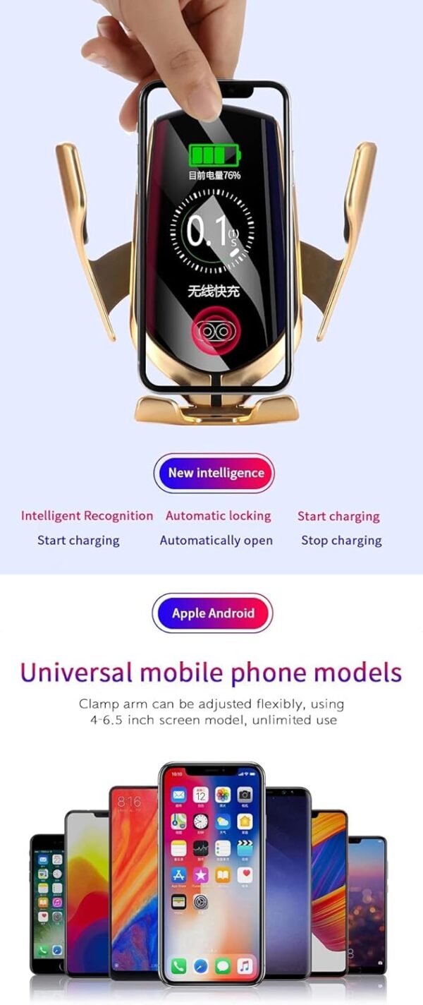 SimpleFast AJSHGD R1 Automatic Clamping 10W Wireless Charger Car Holder Smart Infrared Sensor Qi GPS Air Vent Mount Mobile Phone Bracket Stand (Color : Gold Universal) - Image 6