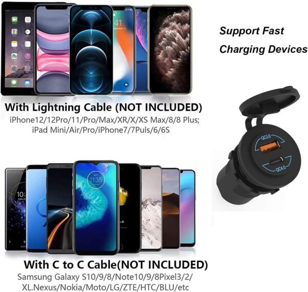 ELECDON USB C Car Charger Socket Dual USB Outlet PD & QC 3.0 Car Charger Socket Power Waterproof with Switch for 12V/24V Marine Boat Motorcycle Truck RV - Image 5