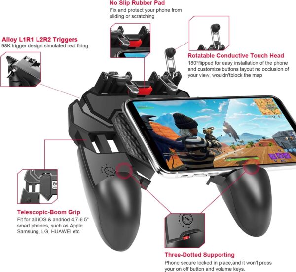DELAM Mobile Game Controller with L1R1 L2R2 Triggers, PUBG Mobile Controller 6 Fingers Operation, Joystick Remote Grip Shooting Aim Keys for 4.7-6.5" iPhone Android iOS Cellphone Gamepad Accessories - Image 4
