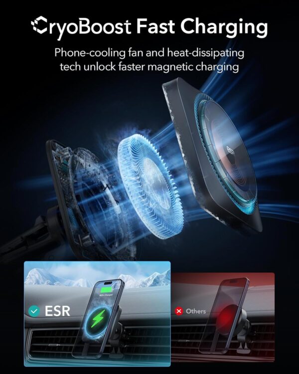 ESR Magnetic Wireless Car Charger with CryoBoost (HaloLock), Compatible with MagSafe Car Charger for iPhone 16/15/14/13/12 Series, Air Vent Mount, Fast Charging, Phone-Cooling Charger, Frosted Onyx - Image 3