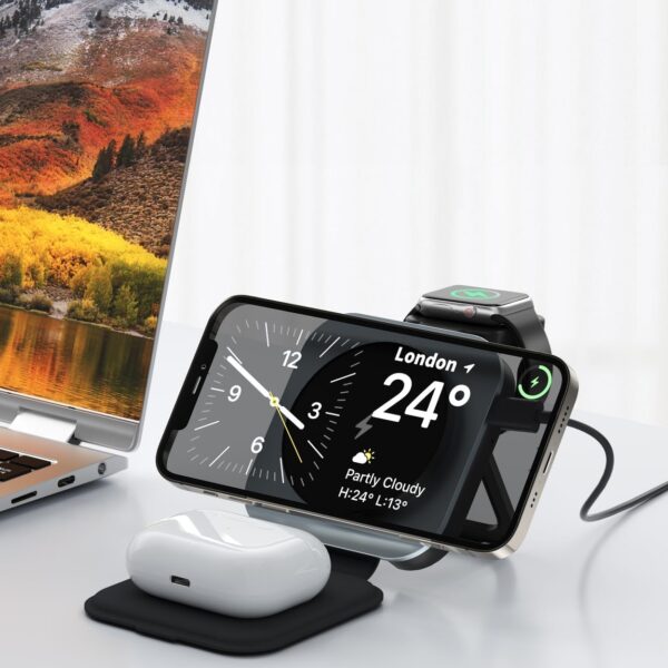 Levelo TrioFlow 3 In 1 Wireless Charger 15W, Fast Charging, Light & Compact, Travel-Friendly Design, Heat Dissipation System, Strong magnet, Foldable Portability, Leather & Aluminium Material - Grey - Image 3