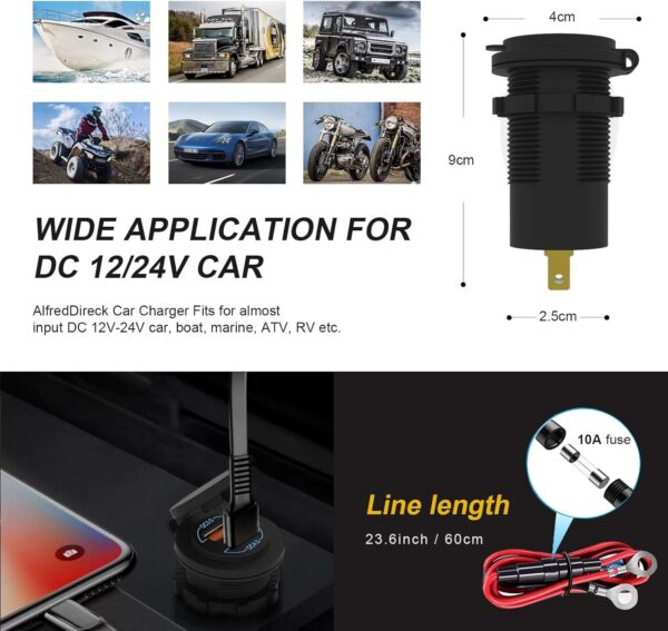 ELECDON USB C Car Charger Socket Dual USB Outlet PD & QC 3.0 Car Charger Socket Power Waterproof with Switch for 12V/24V Marine Boat Motorcycle Truck RV - Image 6