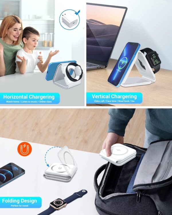 kiyosaki 3 in 1 Wireless Charging Station, Upgrade Foldable Wireless Charger Magnetic Fast Wireless Charging Pad, Compatible with iPhone 14/13/12/11 Series, Apple Watch, AirPods Pro (White) - Image 6