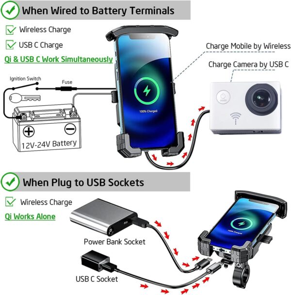 iMESTOU Motorcycle Wireless Phone Mount Charger Qi 15W & USB C 3.0A Charge Simultaneously by Plugging to 12V/24V Vehicle/USB A Socket with Aluminium Handlebar Base 360 Rotation for 4.0-7.0" Cellphones - Image 3