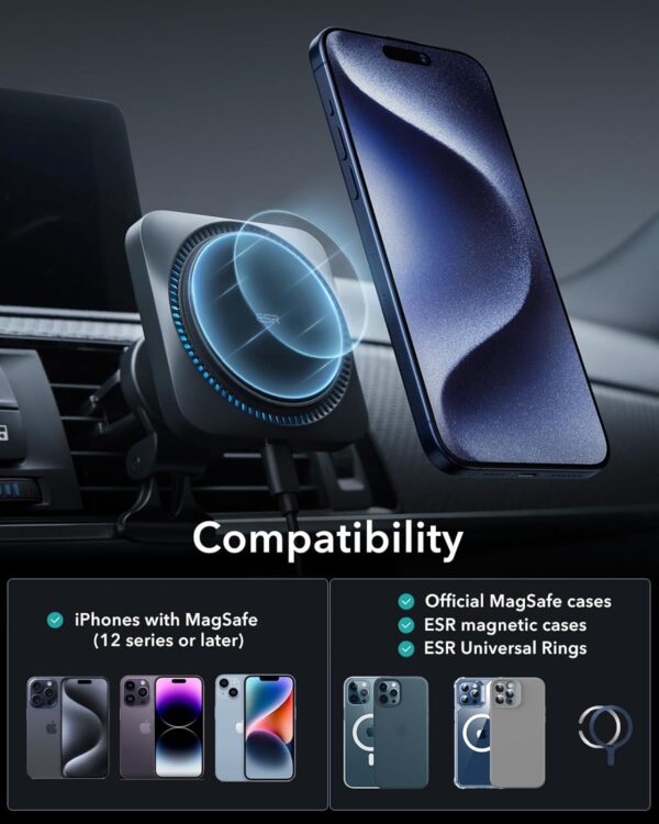 ESR Magnetic Wireless Car Charger with CryoBoost (HaloLock), Compatible with MagSafe Car Charger for iPhone 16/15/14/13/12 Series, Air Vent Mount, Fast Charging, Phone-Cooling Charger, Frosted Onyx - Image 9