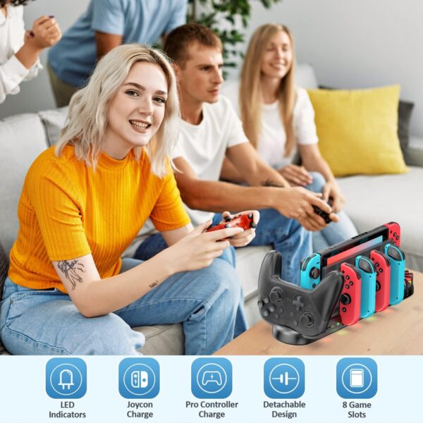 Controller Charger for Switch Original and for OLED Model, Charging Dock Station for Switch Joy-con and for Pro Controller, Charger Dock Stand with 4 Charging Slots and Detachable 8 Game Slots - Image 6