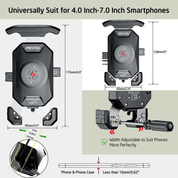 iMESTOU Motorcycle Wireless Phone Mount Charger Qi 15W & USB C 3.0A Charge Simultaneously by Plugging to 12V/24V Vehicle/USB A Socket with Aluminium Handlebar Base 360 Rotation for 4.0-7.0" Cellphones - Image 6
