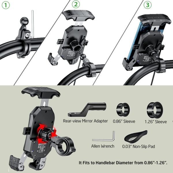 iMESTOU Motorcycle Wireless Phone Mount Charger Qi 15W & USB C 3.0A Charge Simultaneously by Plugging to 12V/24V Vehicle/USB A Socket with Aluminium Handlebar Base 360 Rotation for 4.0-7.0" Cellphones - Image 5