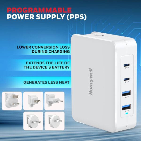 Honeywell Zest Charger GaN 140W, Ultra-Fast Wall Charger with PPS support, 3xType C PD 3.0 Ports & 1xUSB A Port, Equipped with Switchable Plugs,Compatible with iPhone,MacBook Air,Galaxy,Laptops - Image 6