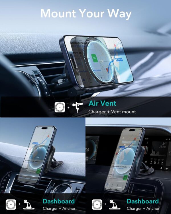 ESR Magnetic Wireless Car Charger with CryoBoost (HaloLock), Compatible with MagSafe Car Charger for iPhone 16/15/14/13/12 Series, Air Vent Mount, Fast Charging, Phone-Cooling Charger, Frosted Onyx - Image 10