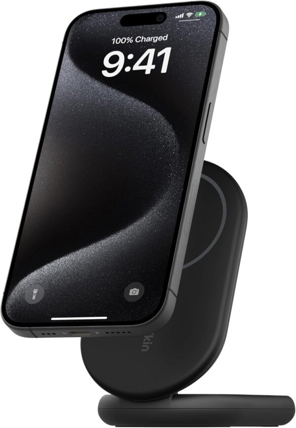 Belkin BoostCharge MagSafe Charger, Magnetic Foldable Wireless Charging Stand 15W, MagSafe-Compatible Portable Fast Charger for Qi2, iPhone 16, 15 & 14 Series, Standy Mode Ready, PSU Included - Black - Image 2