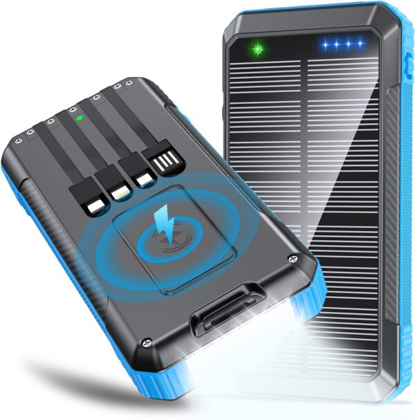 DJKK Solar Power Bank Wireless Charger 33800mAh Built in 4 Cables and LED Camping Lights 22.5W Fast Charging Power Bank 7 Outputs 4 Inputs Portable Charger Compatible with All Mobile Devices (Blue) - Image 2