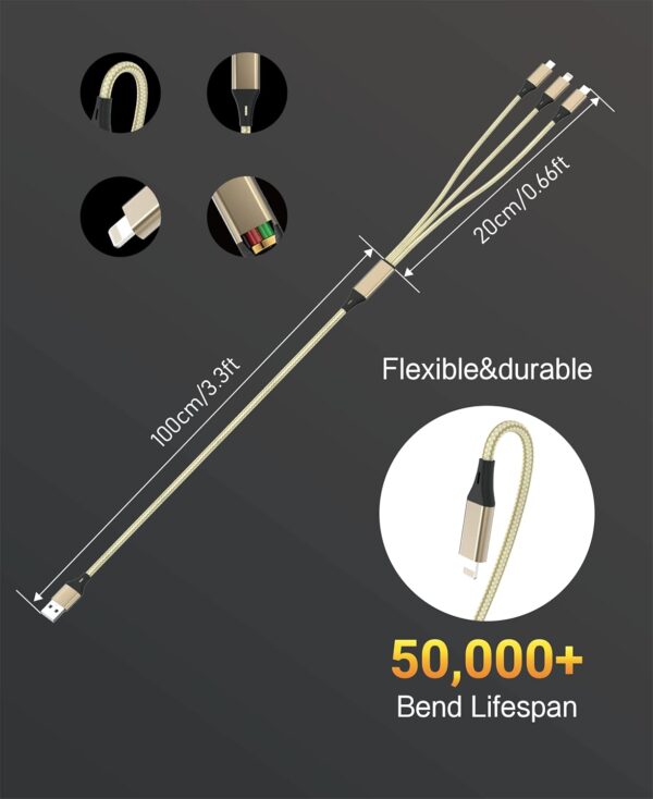 Dican Multi Charging Cable,4ft Multi Phone Charger Cable Braided Universal 3 in 1,Compatible with Most Phones & iPads (Gold) - Image 6