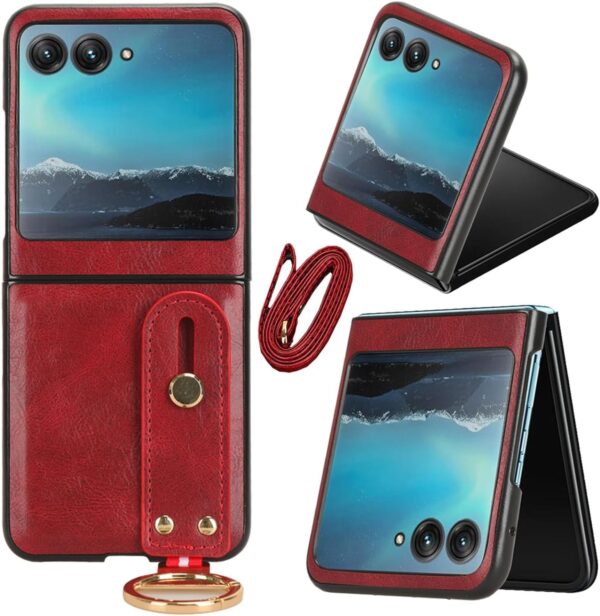 Gruattreay for Motorola Razr 40 Ultra Case with Hanging Rope, Premium PU Leather Shell with Anti-Lost Detachable Lanyard Anti-Scratch Shock-Proof Full Coverage Protective Cover (Red) - Image 2