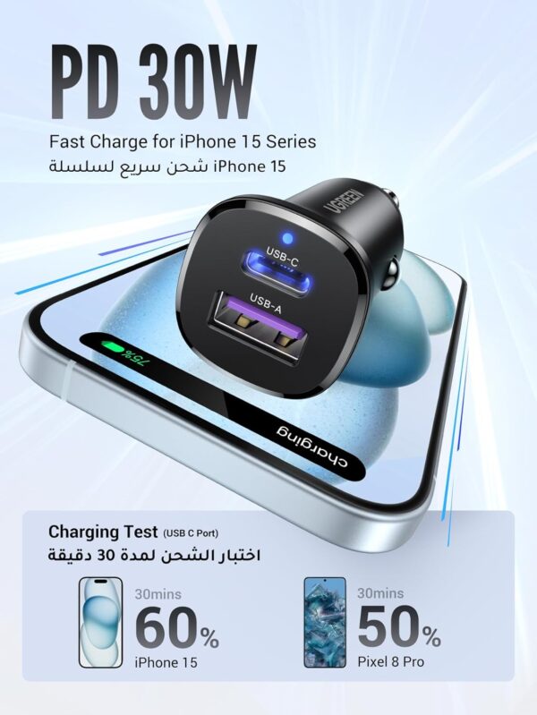 UGREEN Car Charger Fast Charging 30W for iPhone 16 Pro, Car Accessories Dual Port USB-C PD 30W+USB-A QC 18W/SCP 22.5W Fast Charger, for iPhone 16/15/14/13 Series,Galaxy S24/S23,Huawei,iPad Pro, Xiaomi - Image 3