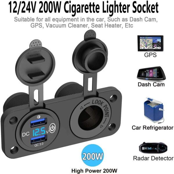 SYOSI QC 3.0 Car USB for Charger, Socket Cigarette Lighter Socket 12V/24V Power Outlet with LED Digital Voltmeter and Touch Switch for Car Boat Marine(Black) - Image 3