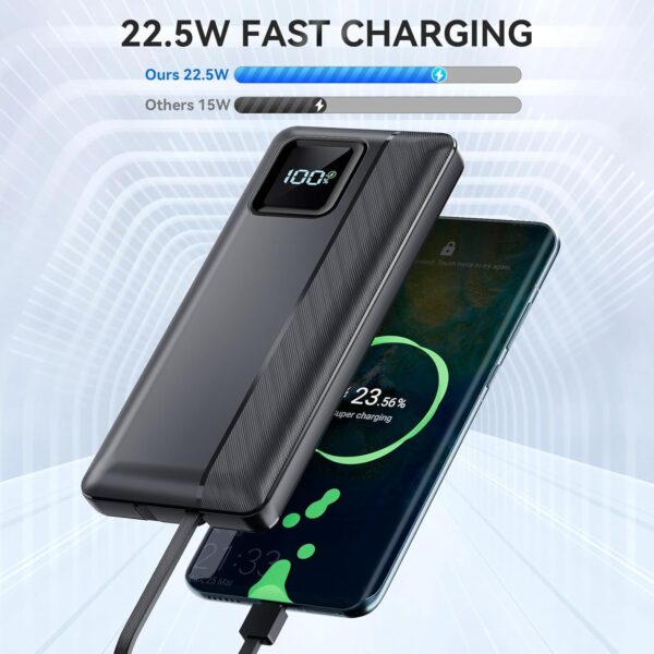 Garlo Power Bank Portable Charger 10000mAh 22.5W Fast Charging Mini Powerbank with Built in USB C and IOS Cables, Mobile Phones Battery Pack for iPhone Android iPad Samsung Google Pixel LG - Image 4