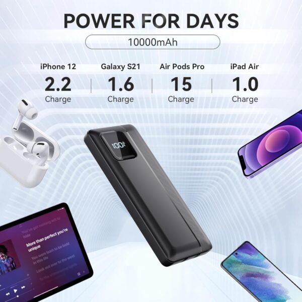 Garlo Power Bank Portable Charger 10000mAh 22.5W Fast Charging Mini Powerbank with Built in USB C and IOS Cables, Mobile Phones Battery Pack for iPhone Android iPad Samsung Google Pixel LG - Image 3