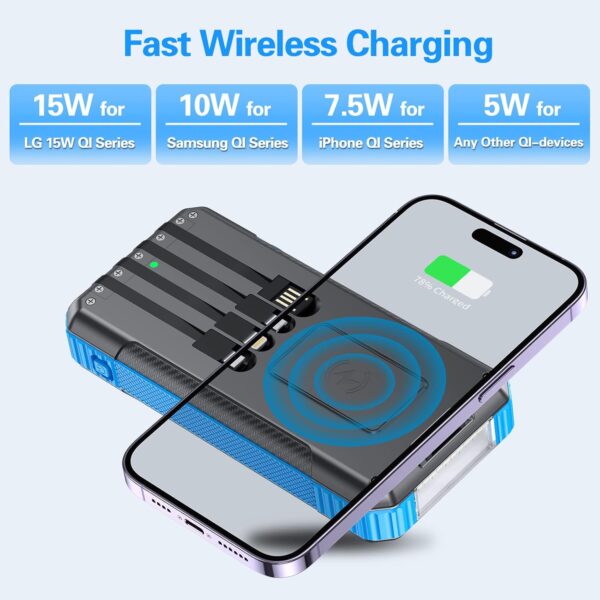 DJKK Solar Power Bank Wireless Charger 33800mAh Built in 4 Cables and LED Camping Lights 22.5W Fast Charging Power Bank 7 Outputs 4 Inputs Portable Charger Compatible with All Mobile Devices (Blue) - Image 6
