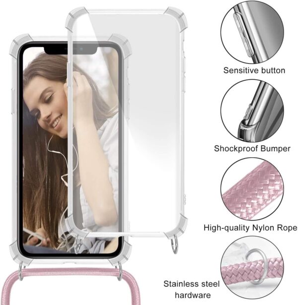 Sewutoyu Necklace Clear Silicone Case for HONOR 90 Lite -Cover with Neck Strap Clear TPU Phone Chain Case Crossbody Necklace Cord Transparent Silicone Case, Scratch-Resistant Case Cover,Pink - Image 3