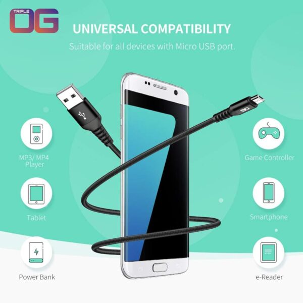 Opal USB charger cable type A to Micro fast charging nylon braided cable mobile phone accessories data sync compatible with Samsung, Xiaomi, Sony,Nokia, Galaxy,Nexus,Note,LG,PS4,1M,Black - Image 7