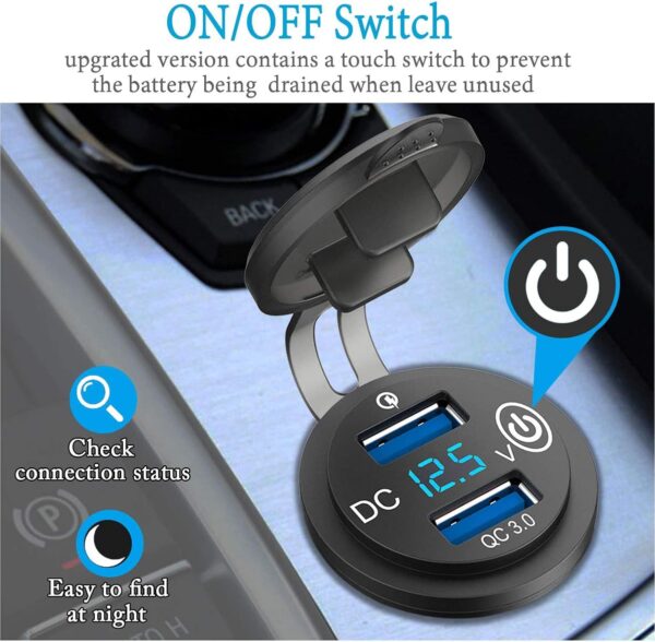 SYOSI QC 3.0 Car USB for Charger, Socket Cigarette Lighter Socket 12V/24V Power Outlet with LED Digital Voltmeter and Touch Switch for Car Boat Marine(Black) - Image 7