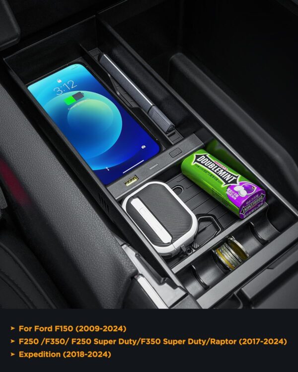 CarQiWireless Wireless Charger for F150 2009-2023, Center Console Organizer Box for Ford F150 Accessories F-150 2009 2010 2011 2012 2013 2014 2015 2016 2017 2018 2019 2020 2021 2022 2023 2015-2018 - Image 3