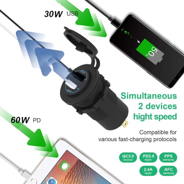 ELECDON USB C Car Charger Socket Dual USB Outlet PD & QC 3.0 Car Charger Socket Power Waterproof with Switch for 12V/24V Marine Boat Motorcycle Truck RV - Image 4