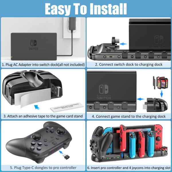 Controller Charger for Switch Original and for OLED Model, Charging Dock Station for Switch Joy-con and for Pro Controller, Charger Dock Stand with 4 Charging Slots and Detachable 8 Game Slots - Image 7