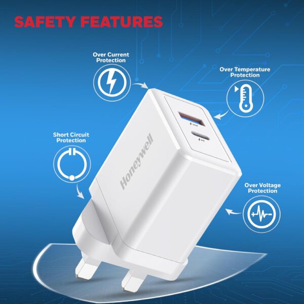 Honeywell Zest Charger PD30W, Ultra-Fast Wall Charger with PPS Support, 1xType C PD 3.0 Port & 1x USB A Port, Compatible with iPhone, iPad,Samsung, Oneplus,Smartphones,Tablets,Power Banks-White - Image 6