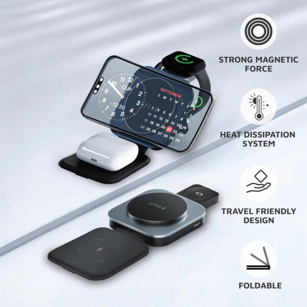 Levelo TrioFlow 3 In 1 Wireless Charger 15W, Fast Charging, Light & Compact, Travel-Friendly Design, Heat Dissipation System, Strong magnet, Foldable Portability, Leather & Aluminium Material - Grey - Image 8