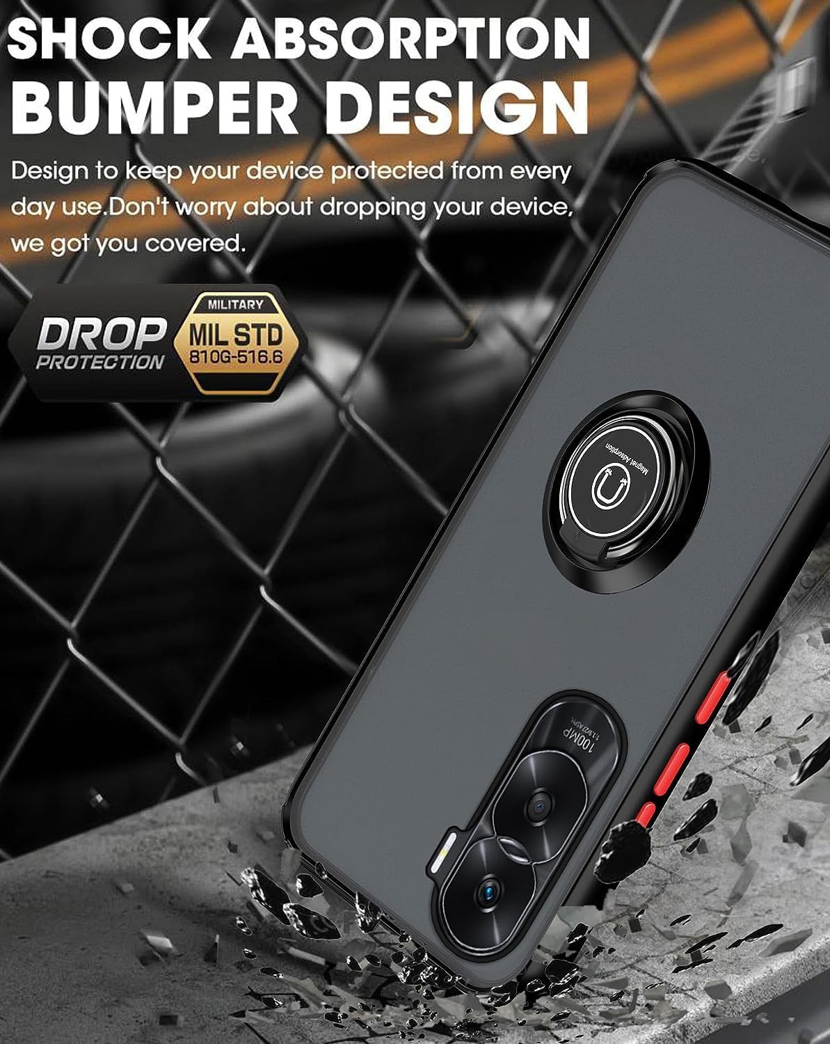 Zubitech Case For Honor 90 Lite Rotational Metal Ring Grip Kickstand Cover Magnetic Car Mount Holder Case Shockproof Anti Fingerprint Case for Honor 90 Lite (Blue) - Image 7