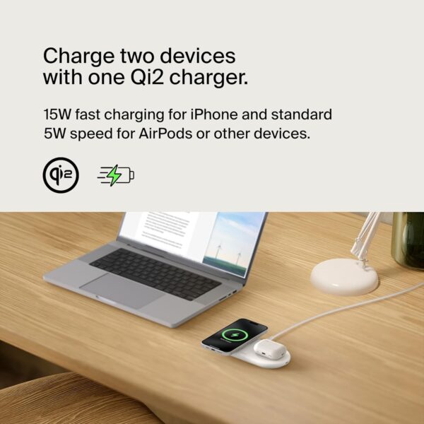 Belkin BoostCharge Pro 2-in-1 Wireless Charging Pad with Magnetic Qi2 15W, Fast Charging iPhone Wireless Charger Compatible with iPhone 15 Series, AirPods, MagSafe Enabled Devices - White - Image 3